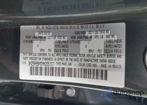 2021 Mazda Mazda3 Select из США, поврежденный, VIN 3MZBPBBM0MM205107